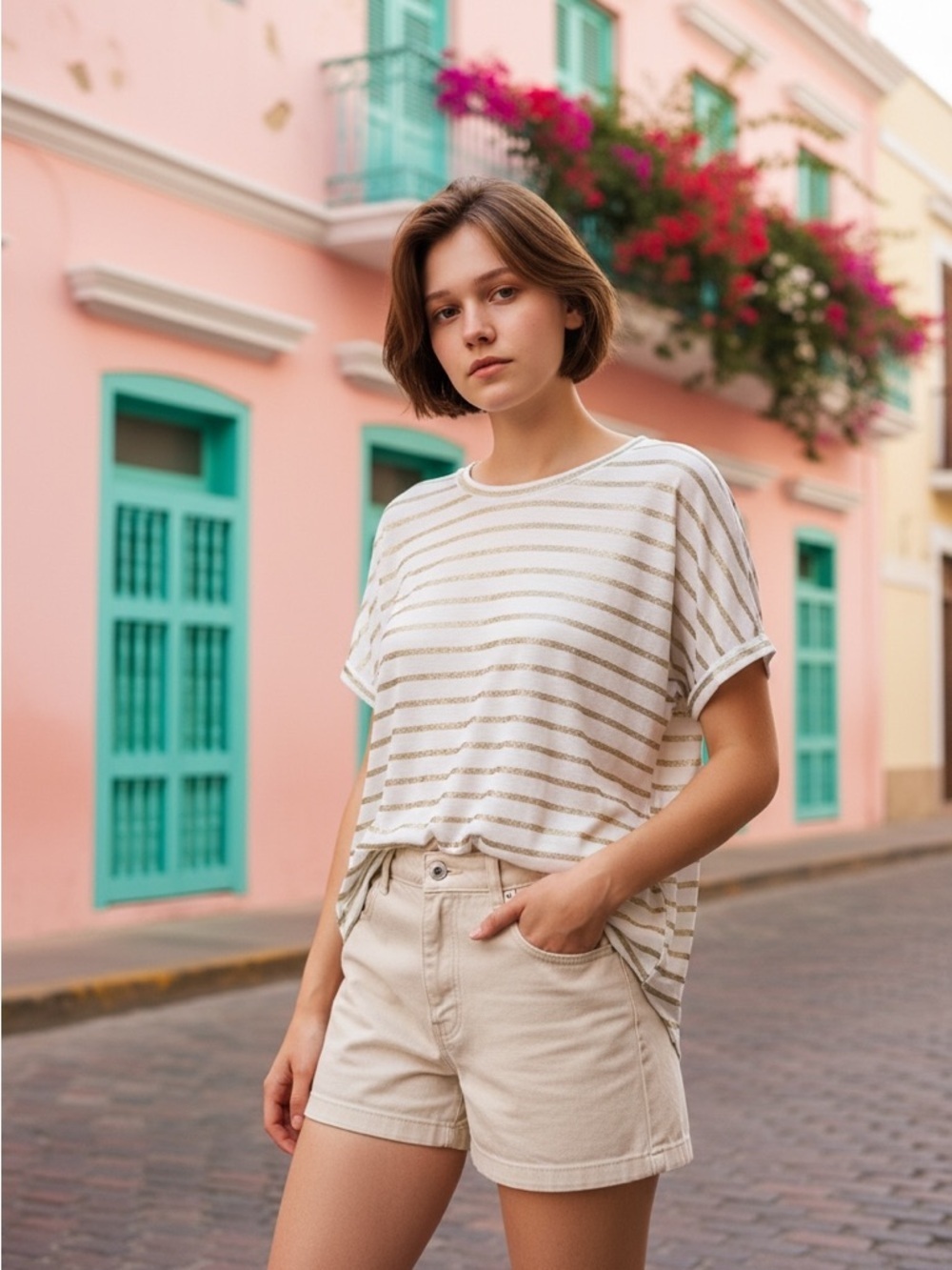 Josse Class Relaxed White Tee with Metallic Gold Stripes Size L